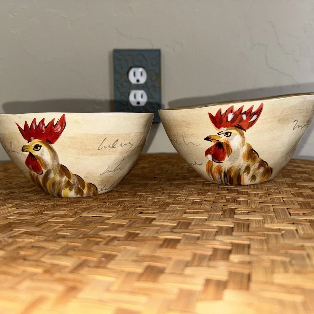 Tabletops‎ Gallery Romalo Rooster Bowls Set 2 Hand Painted Farmhouse Kitchen